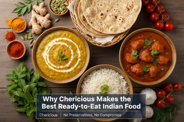 Indian dishes like dal, curry, rice, and roti in beautiful serving bowls, surrounded by fresh spices and herbs 