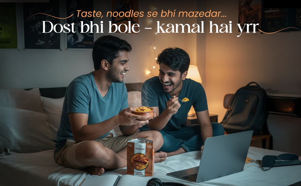Two men sitting on a bed with a laptop, food, and drinks, with text overlay.