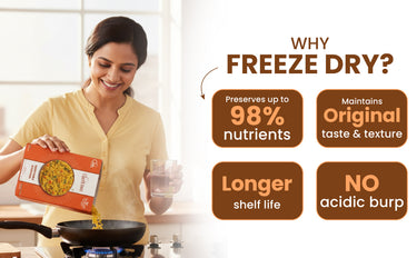 Woman in a kitchen holding a freeze-dried food package with text highlighting benefits of freeze-drying.