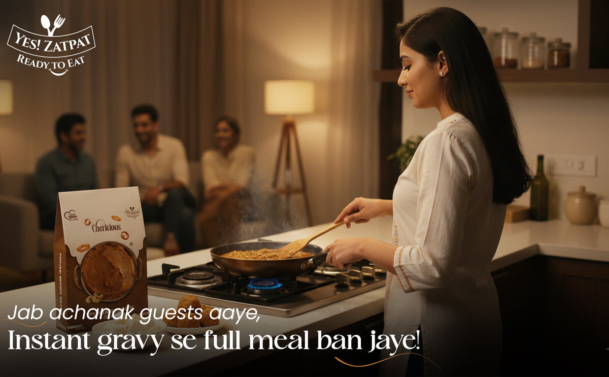 Woman cooking in a kitchen with people sitting in the background, featuring Yes Zaapay branding.