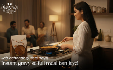 Woman cooking in a kitchen with people sitting in the background, featuring Yes Zaapay branding.