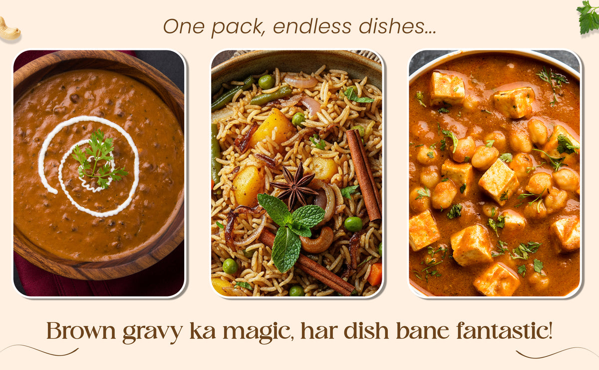 Three images of different dishes with text promoting a product.