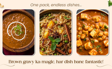 Three images of different dishes with text promoting a product.
