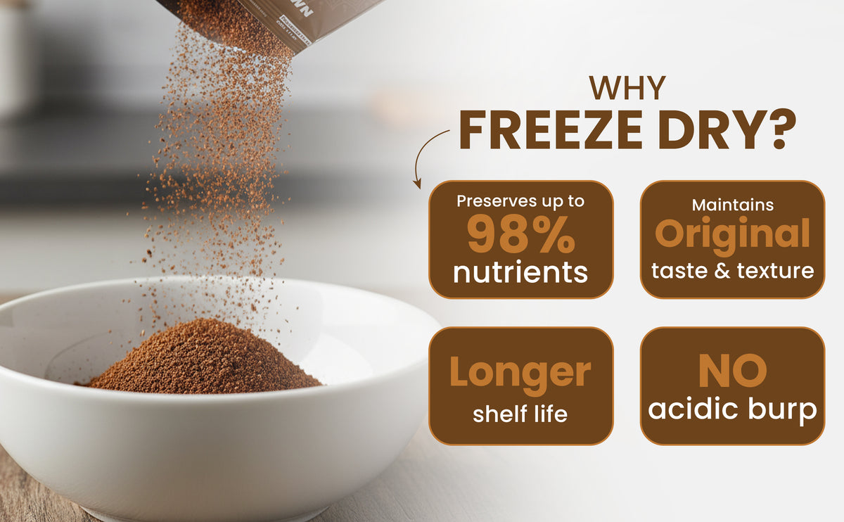 Freeze-dried coffee being poured into a bowl with text highlighting benefits on a white background.