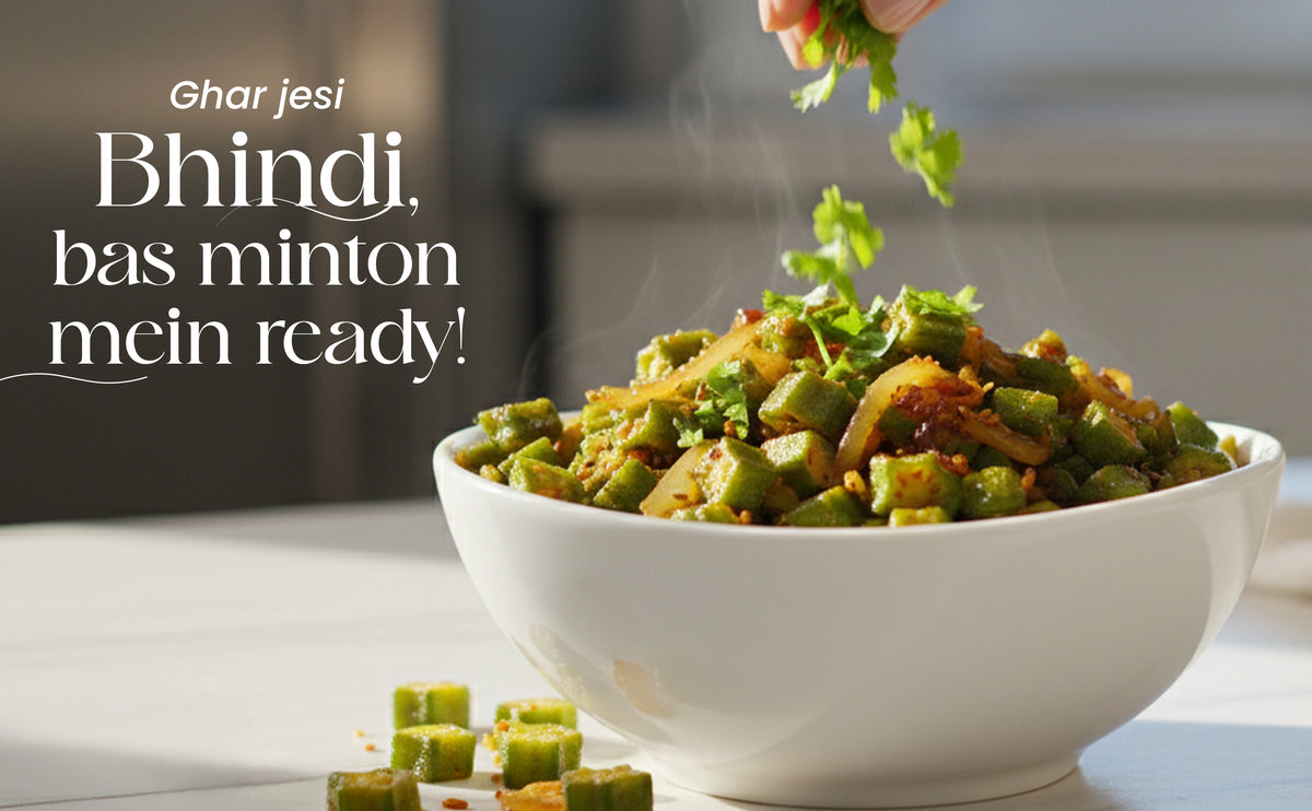 Bowl of green beans with text overlay on a neutral background
