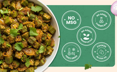 Stir-fried okra dish with green label highlighting health benefits on a white background