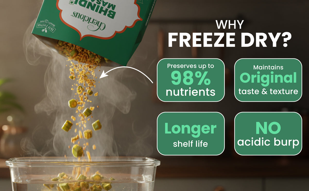 Freeze-drying process with nutritional benefits highlighted on a dark background