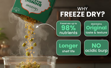 Freeze-drying process with nutritional benefits highlighted on a dark background