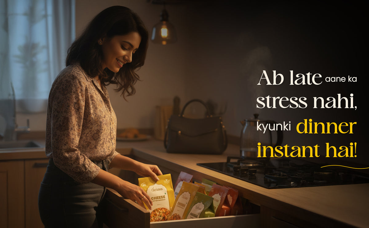 Woman in a kitchen with a drawer full of instant food packages, with text overlay.