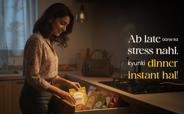 Woman in a kitchen with a drawer full of instant food packages, with text overlay.
