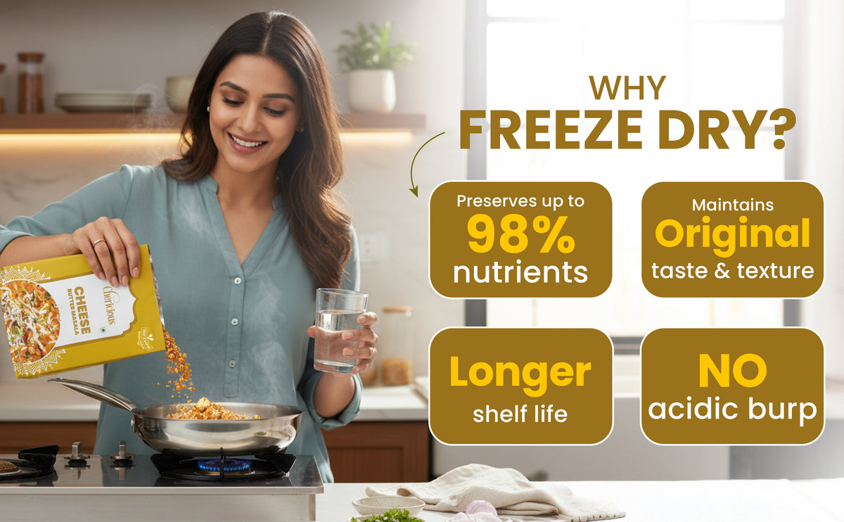 Woman in a kitchen pouring a freeze-dried product into a pan with text highlighting benefits of freeze-drying.