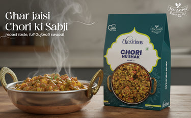 Bowl of Chori ki Sabji with a box labeled 'Chorish Chori Nushak' on a wooden surface.