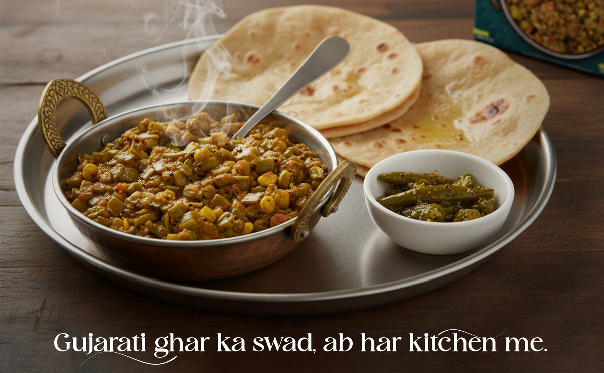 Gujarati food platter with dal, roti, and green beans on a tray.