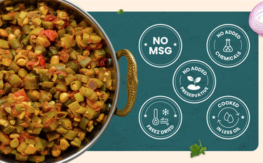 Vegetable dish in a pan with health benefits icons on a green background