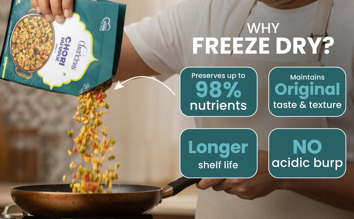 Person pouring freeze-dried food into a pan with text highlighting benefits of freeze-drying.