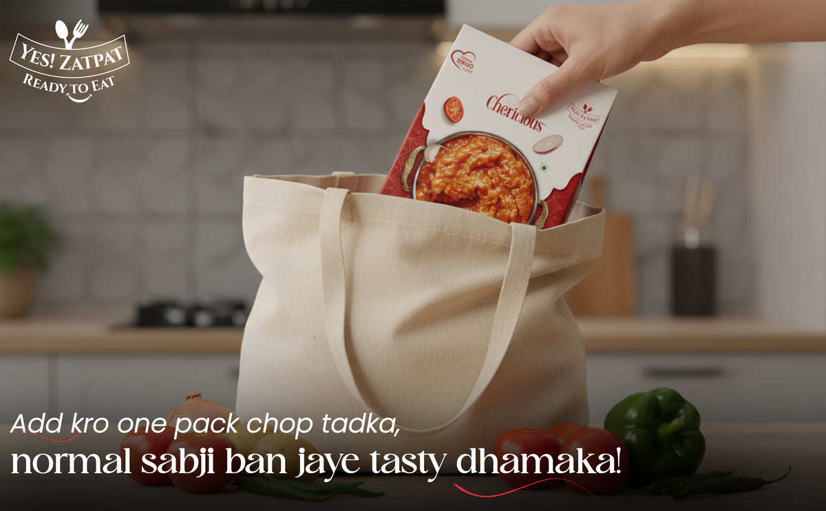 Hand placing a packet of 'Choribabu' into a beige tote bag with kitchen background.