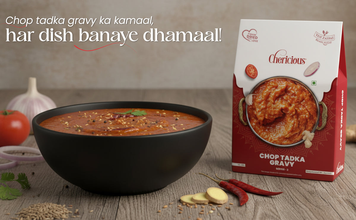 Bowl of Chor Piatka gravy with a box of the product on a wooden surface.