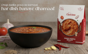 Bowl of Chor Piatka gravy with a box of the product on a wooden surface.