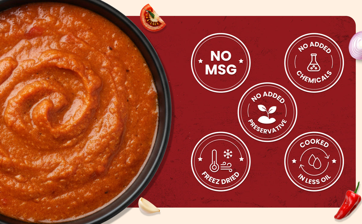 Red sauce in a bowl with health label icons on a red background