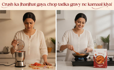 Woman preparing food in a kitchen with text overlay