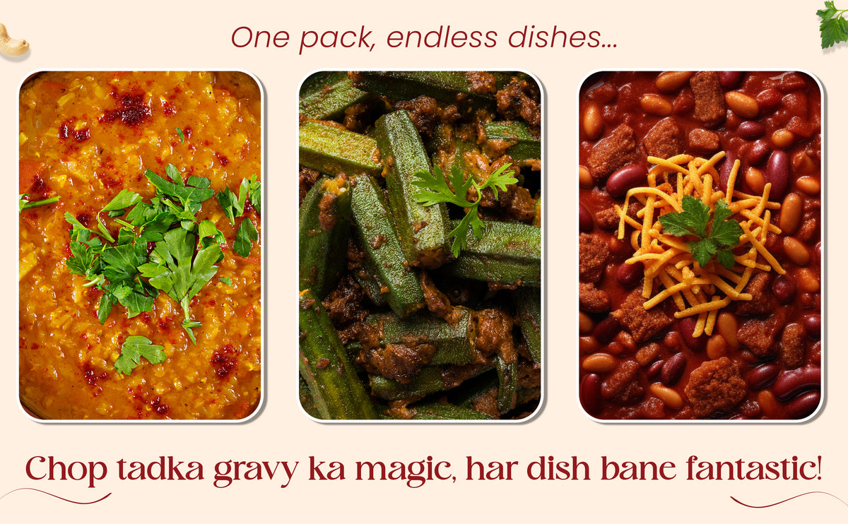 Three food dishes with text promoting a versatile ingredient pack.