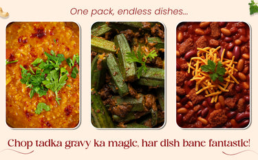 Three food dishes with text promoting a versatile ingredient pack.