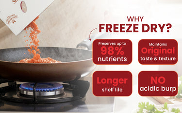 Freeze-dried food being added to a pan on a stove with promotional text about freeze-drying benefits.