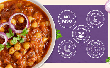 Chickpea curry with onions and herbs on a purple background with health claims.