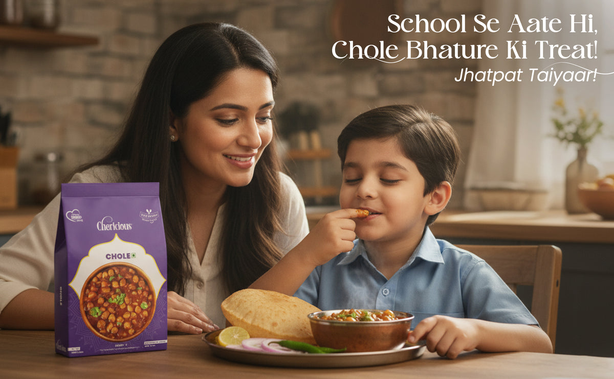 Woman and child enjoying a meal together with a Cirkles Chole Bhature package on the table.