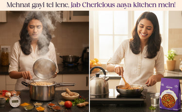 Two women cooking in a kitchen with one using a pot and the other with a pan, and a package of food in the background.