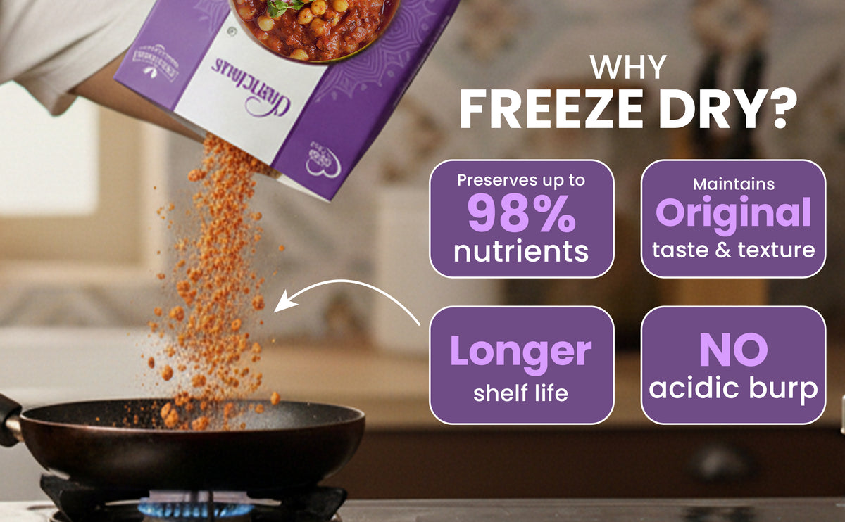 Freeze-dried food being poured into a pan with text highlighting benefits on a blurred kitchen background.