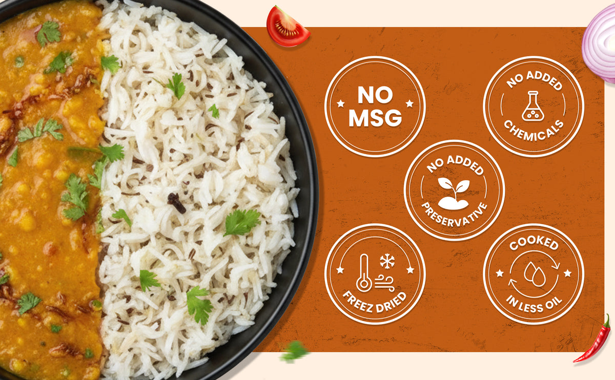 Dish of rice and curry with health benefits icons on an orange background