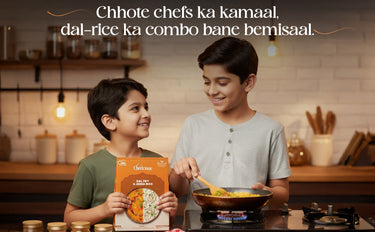 Two children in a kitchen with one holding a cookbook and the other cooking, with text above them.
