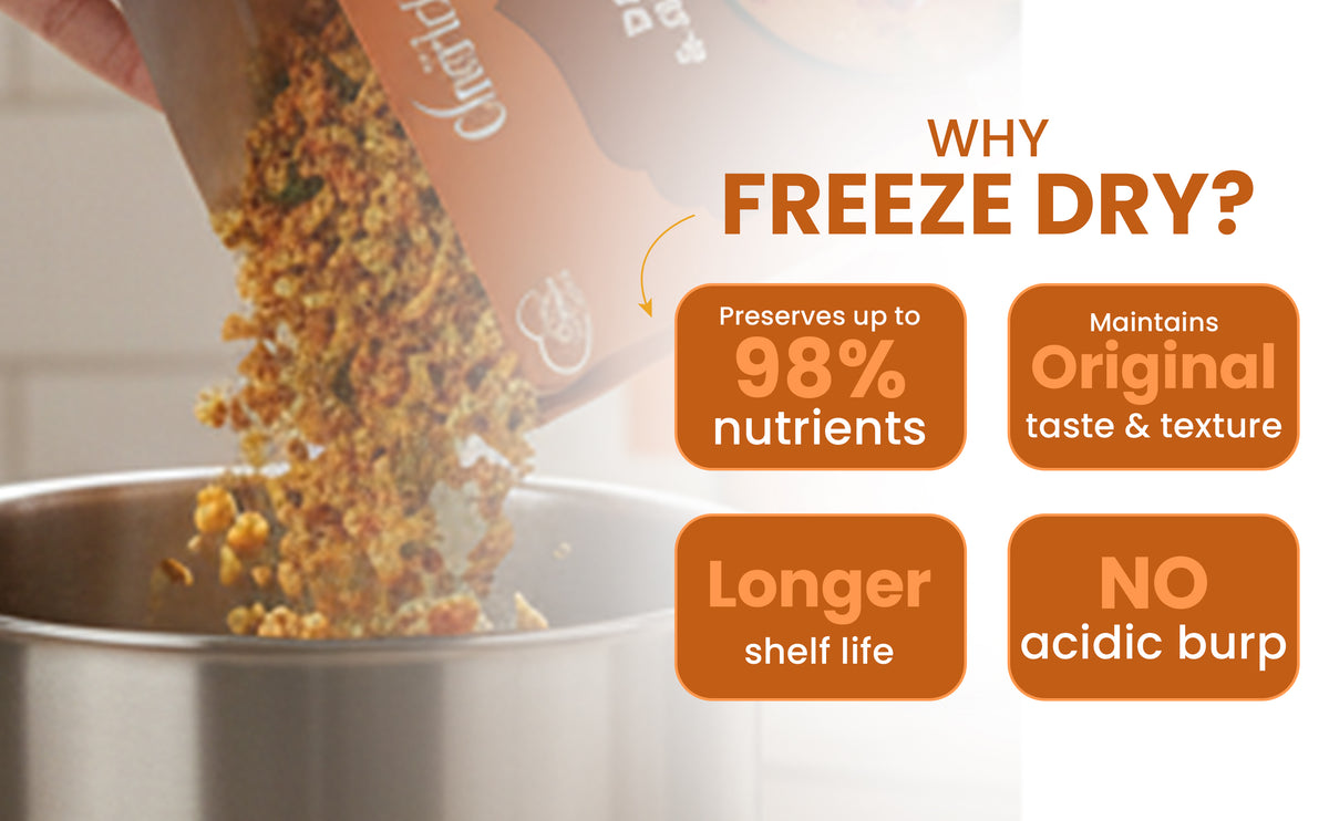 Freeze-dried food being added to a pot with benefits listed on the screen.