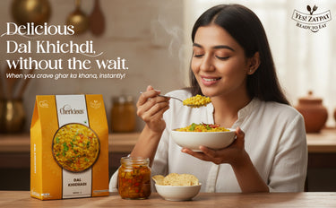 Woman eating Dal Khichdi with a box of the product in the foreground