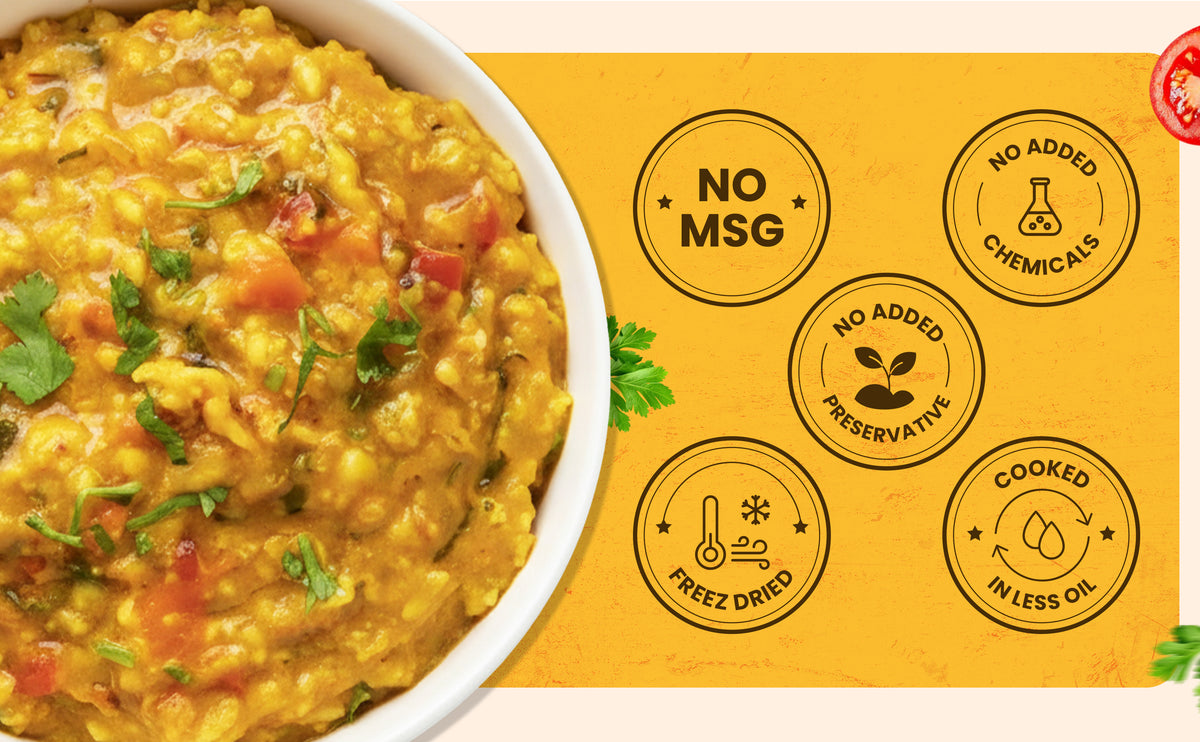 Yellow dish with herbs on a yellow background with health certification icons.