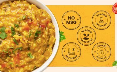 Yellow dish with herbs on a yellow background with health certification icons.