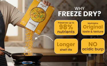 Freeze-dried food packaging being poured into a pan with benefits highlighted.