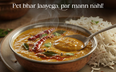 Bowl of curry with a spoon and rice, text overlay in a different language