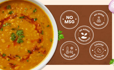  bowl of soup with green herbs on a brown background with certification icons