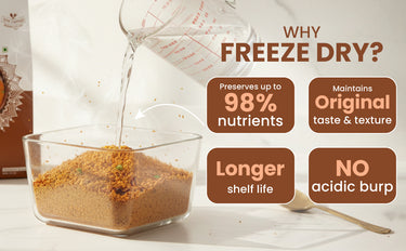 Freeze-dried powder being poured into a glass container with text highlighting benefits on a white background.