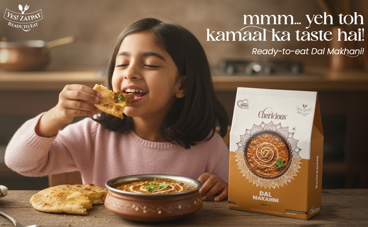 Child eating Dal Makhani with a box of the product in the foreground, set against a blurred kitchen background.