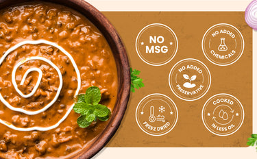 Dish of food with a brown background featuring health claims