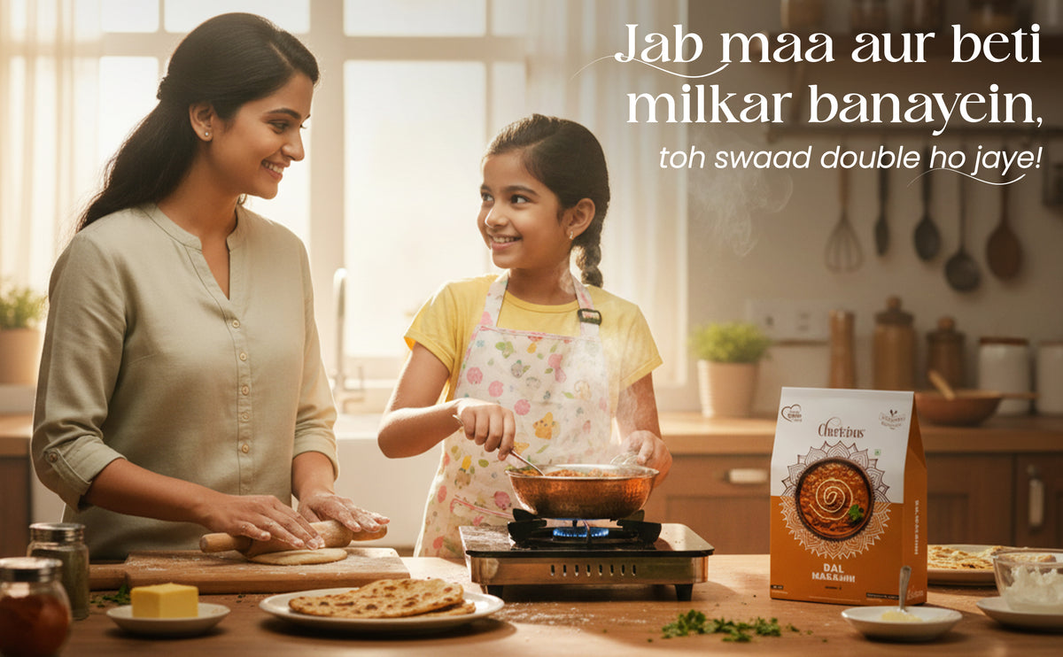 Woman and child cooking together in a kitchen with a box of Chhota Bheem on the counter.