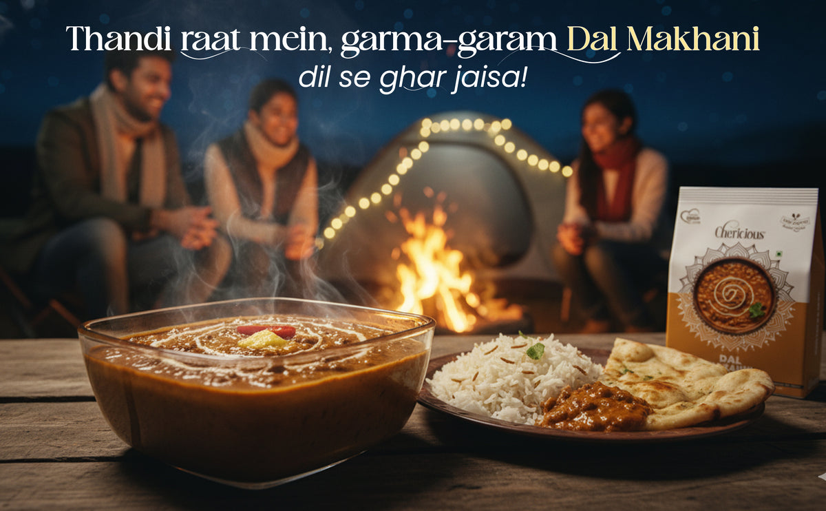 People sitting around a fire with food on a table, featuring a Chakriyas product.