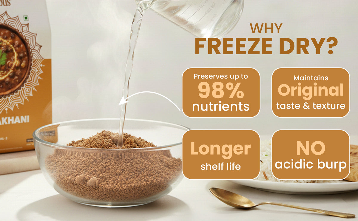 Freeze-dried food product with benefits highlighted on a white background