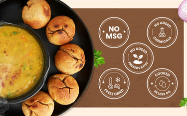 Dish with bread rolls and a bowl of soup on a brown background with health claims.