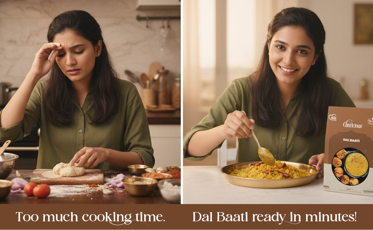 Woman preparing food with text 'Too much cooking time.' on one side, and eating Dal Baati with a box of Dal Baati on the other side.