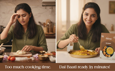 Woman preparing food with text 'Too much cooking time.' on one side, and eating Dal Baati with a box of Dal Baati on the other side.