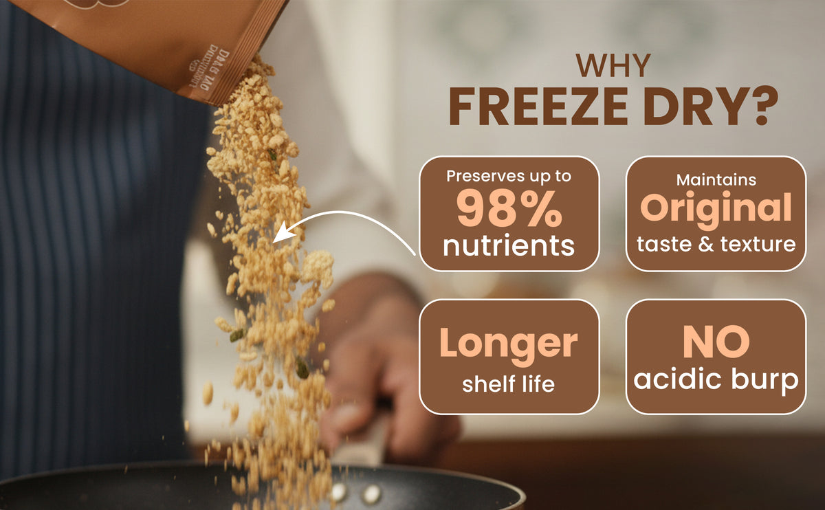 Freeze-dried food being poured into a bowl with text highlighting benefits